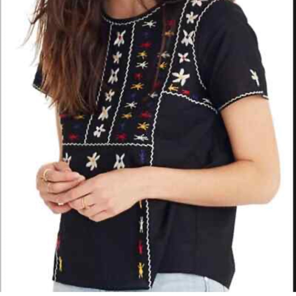 Madewell Black Top with Embroidery open-back M EUC
